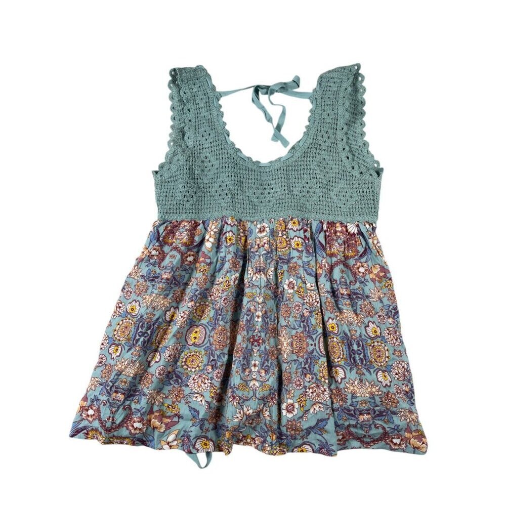 Heyson Floral Crochet Halter Babydoll Mini Dress Shirt Boho Cottagecore Teal SZ - Picture 5 of 9